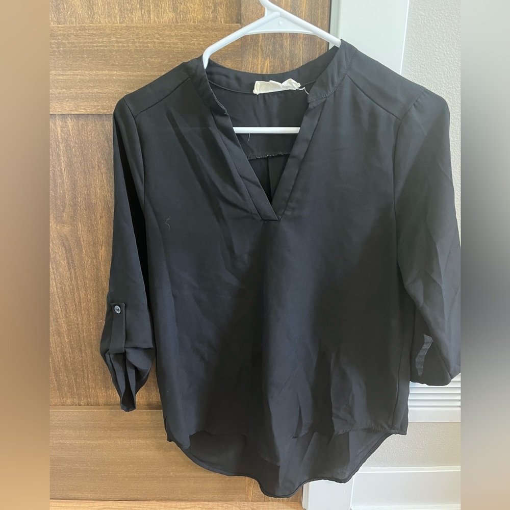 Pink Rose Black V-Neck Blouse